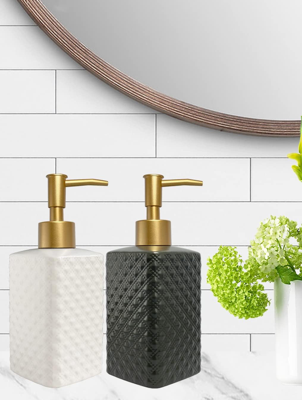 Chic Unique White Soap Dispenser for Bathroom with Golden Pump,Lotion Dispenser, Refillable