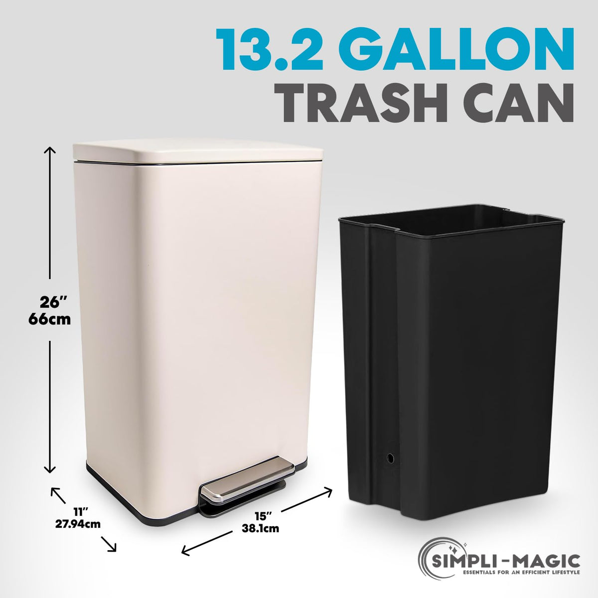 50 Liter / 13.2 Gallon Soft-Close, Smudge Resistant Trash Can with Foot Pedal and Built in Filter