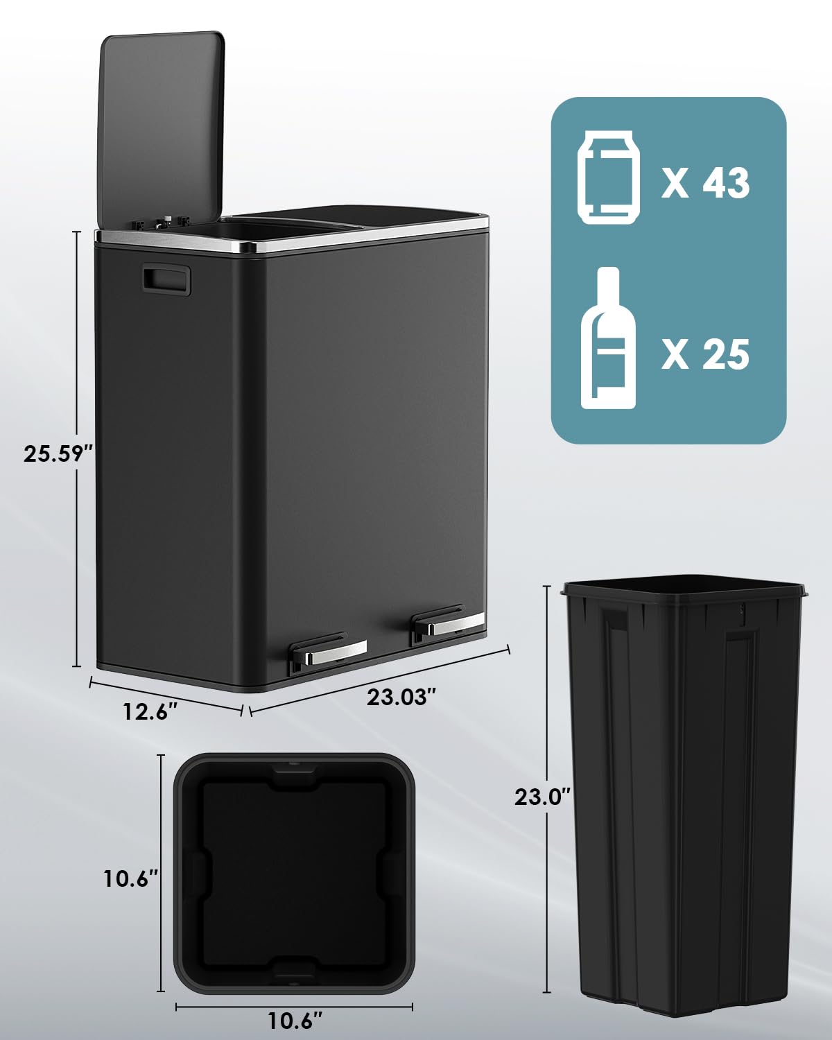 AthLike 60L(16 Gal) Dual Trash Can, Stainless Steel Kitchen Garbage Can, Double Compartment