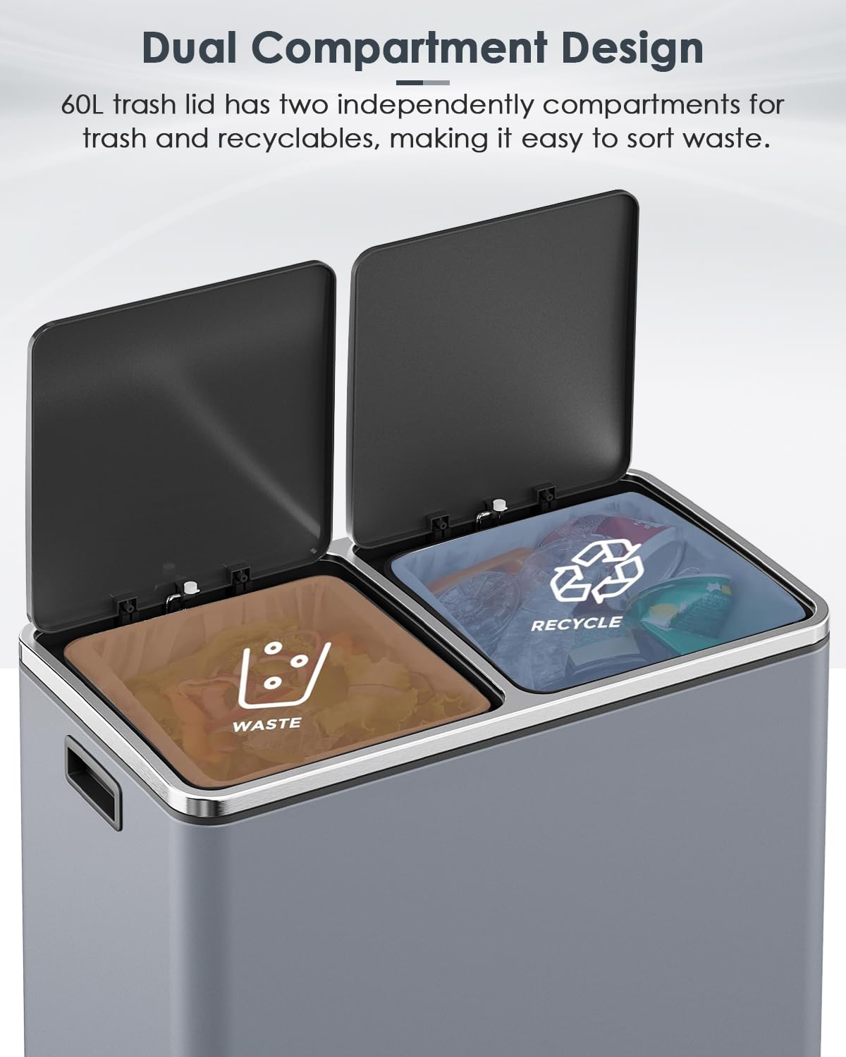 AthLike 60L(16 Gal ) Dual Trash Can, Stainless Steel Kitchen Garbage Can, Double Compartment