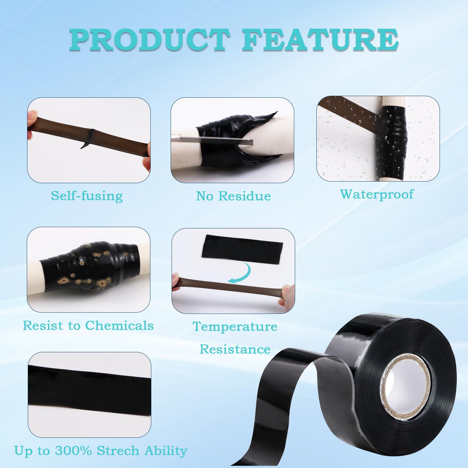 Self Fusing Silicone Tape 1 in x 16.4' Black Waterproof Rubber Leak Proof Sealing Silicone Rubber