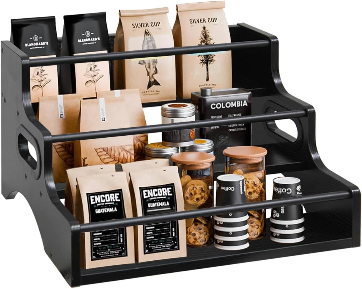 AT-VALY 3-Tier Spice Rack, Iron&MDF Kitchen Storage Shelf, Space-Saving Countertop Organizer for