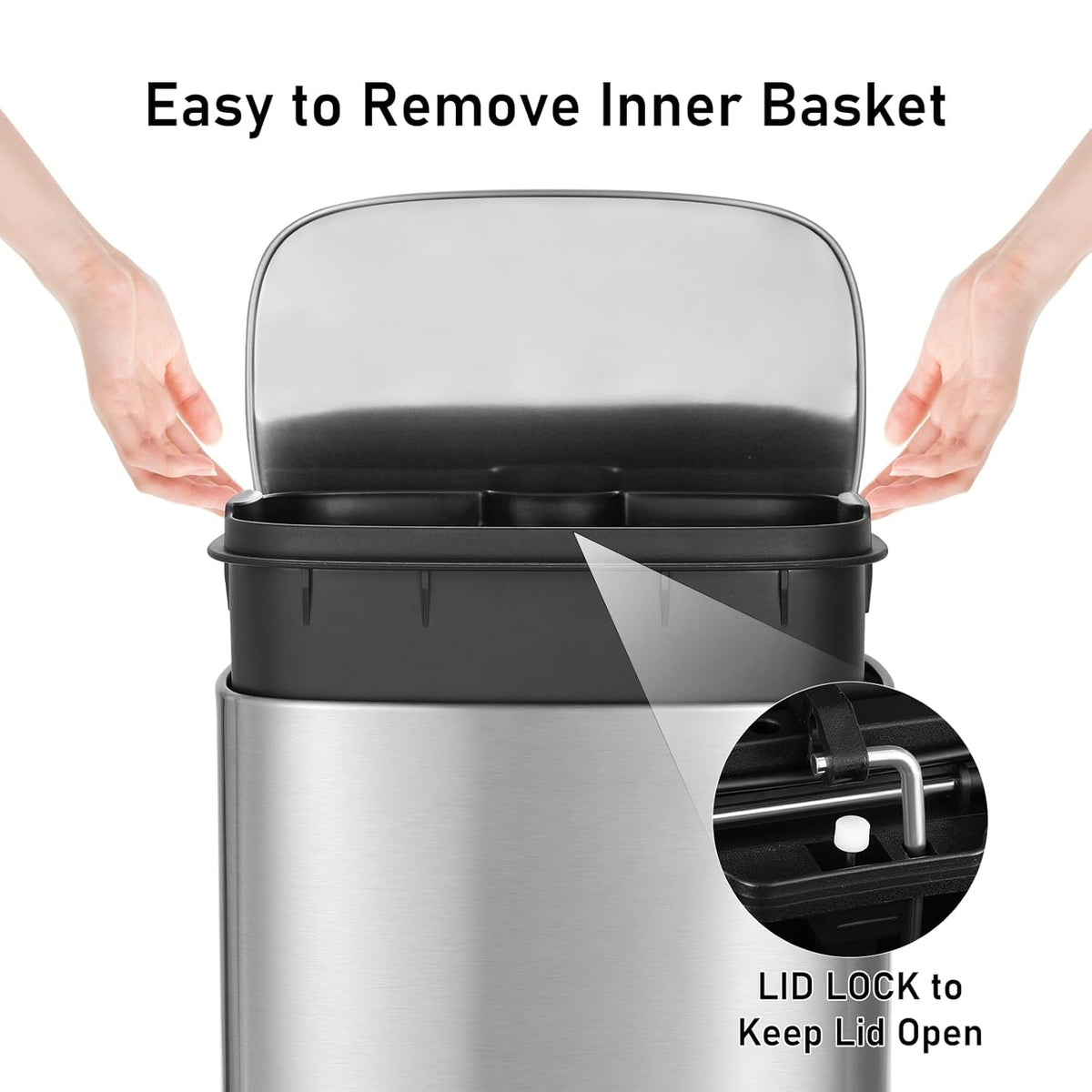 Arlopu 13.2+1.3 Gallon Step Trash Can, Stainless Steel Garbage Bin, Soft-Close Rubbish Bin with