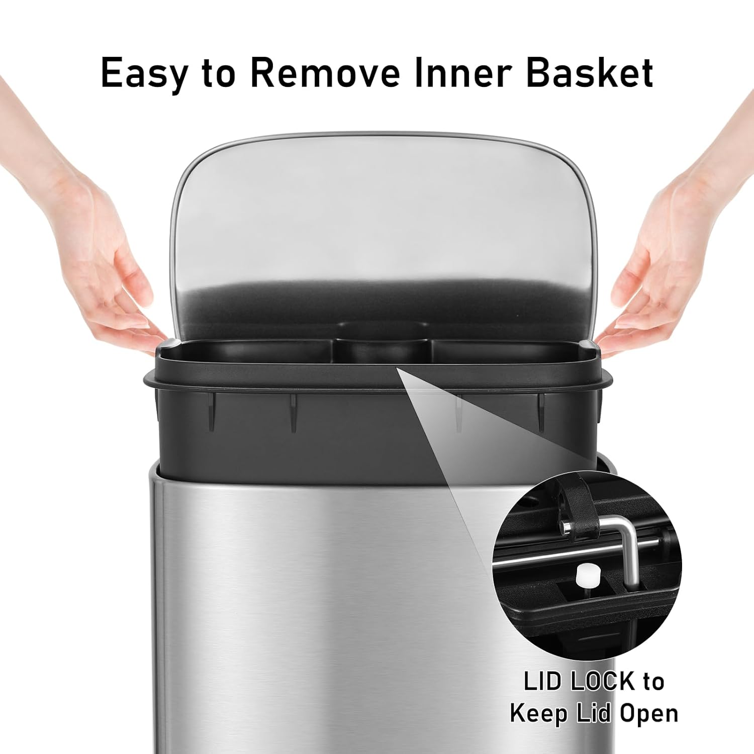 Arlopu 13.2+1.3 Gallon Step Trash Can, Stainless Steel Garbage Bin, Soft-Close Rubbish Bin with