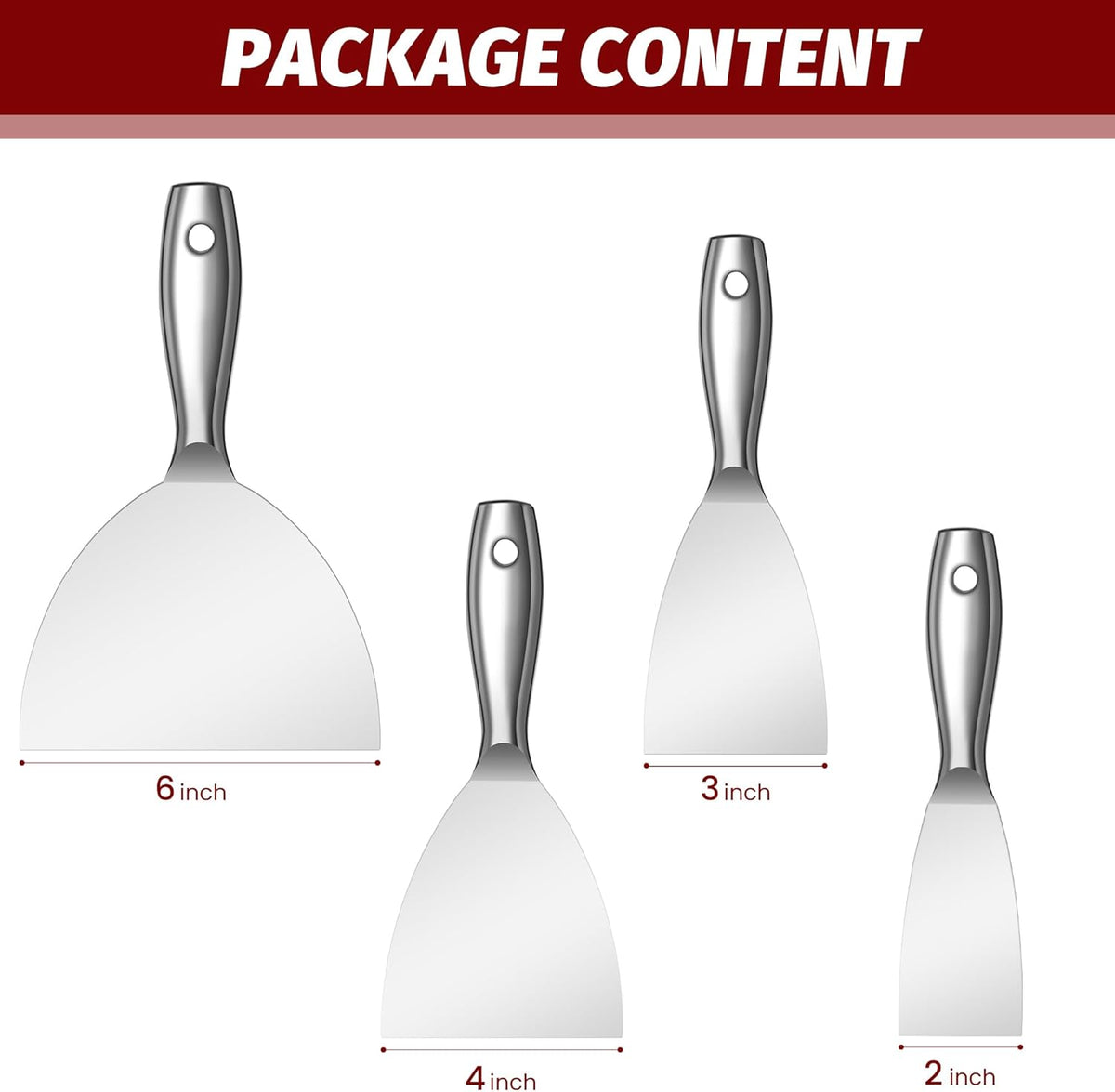 Putty Knife Set,4 PCS 2",3",4",6" One Piece Premium Polished All-Stainless Steel Scraper Tool for