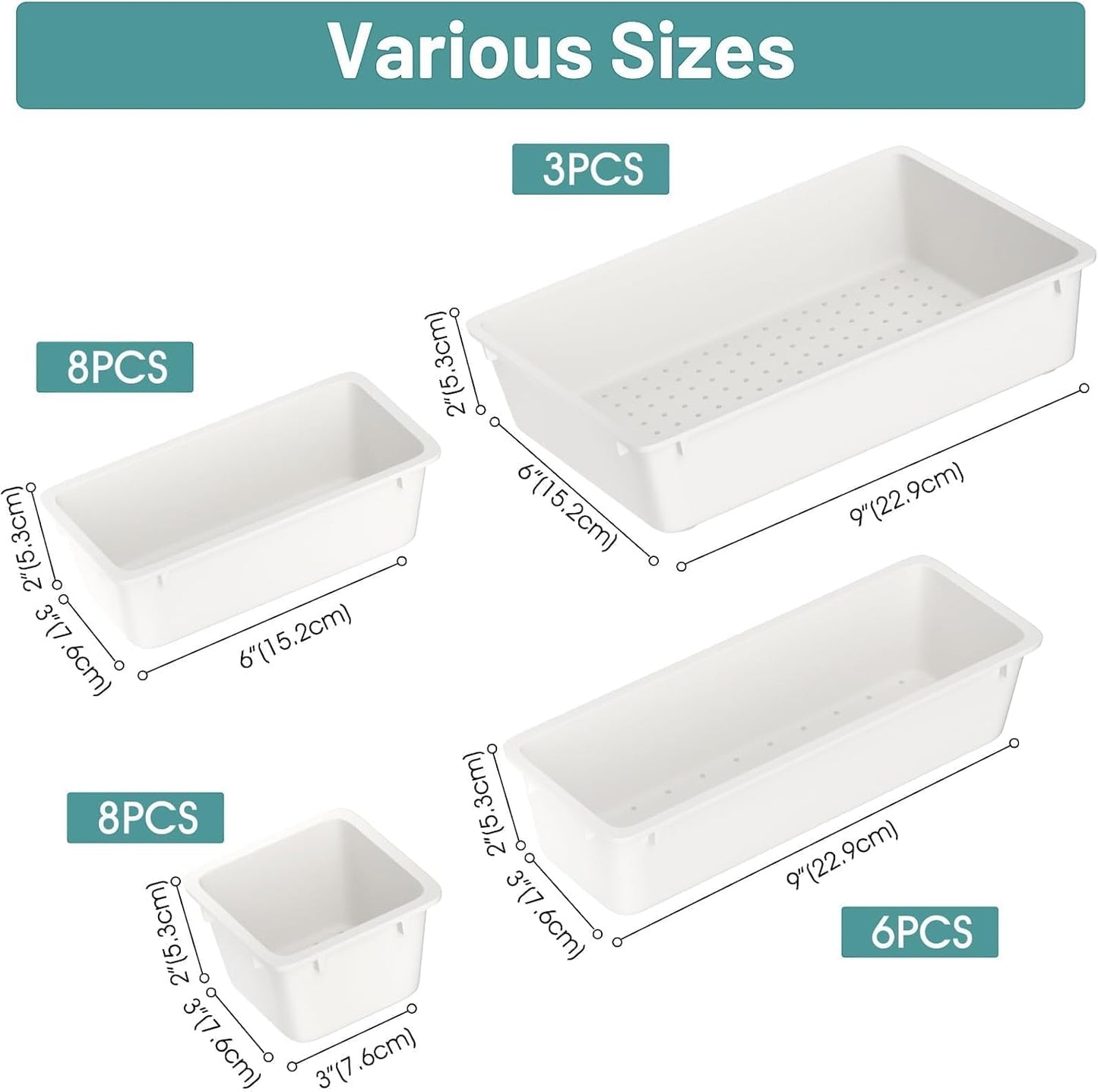 WOWBOX 25 PCS Plastic Drawer Organizer Set, 4 Sizes Desk Drawer Divider Organizers and Storage Bins