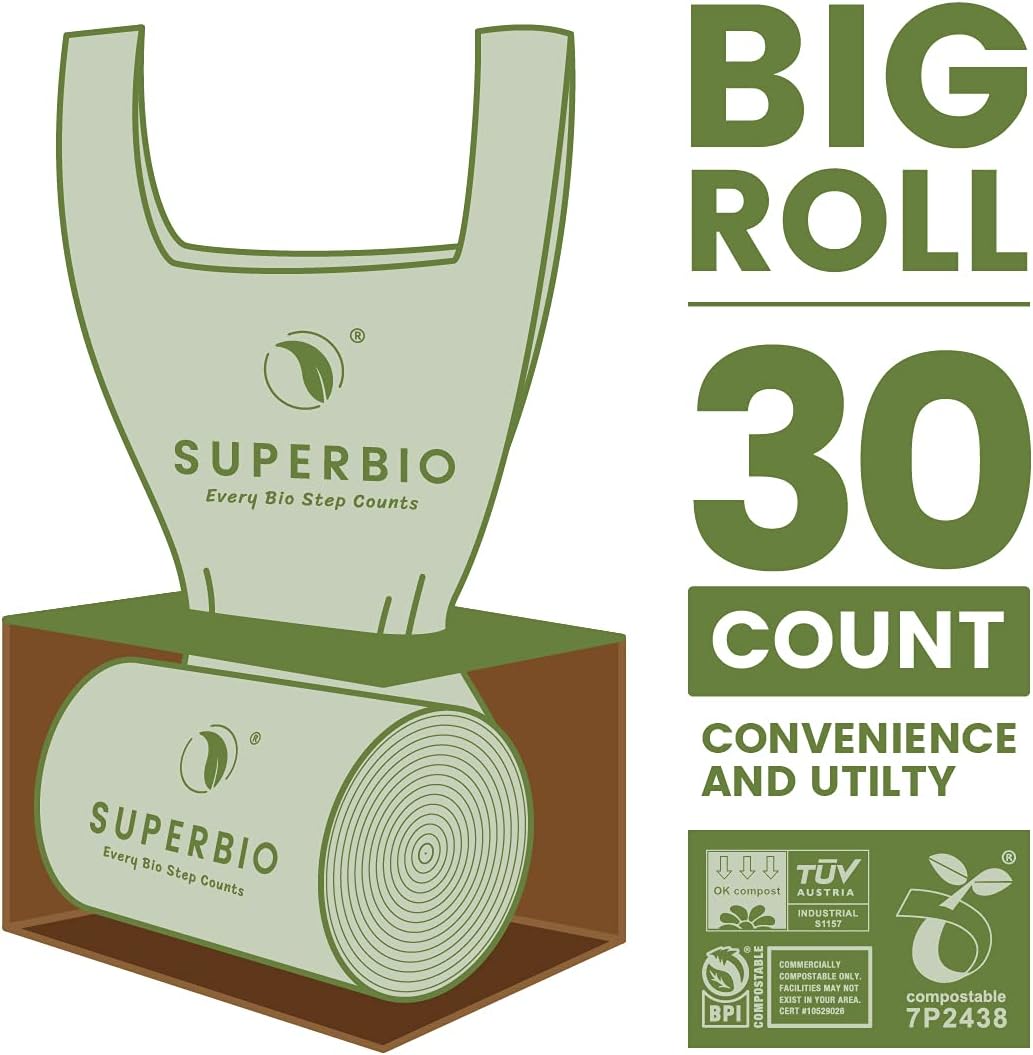 SUPERBIO 13 Gallon Handle Tie Compostable Food Waste Bags, 30 Count, 2 Pack, ASTM D6400, BPI and OK
