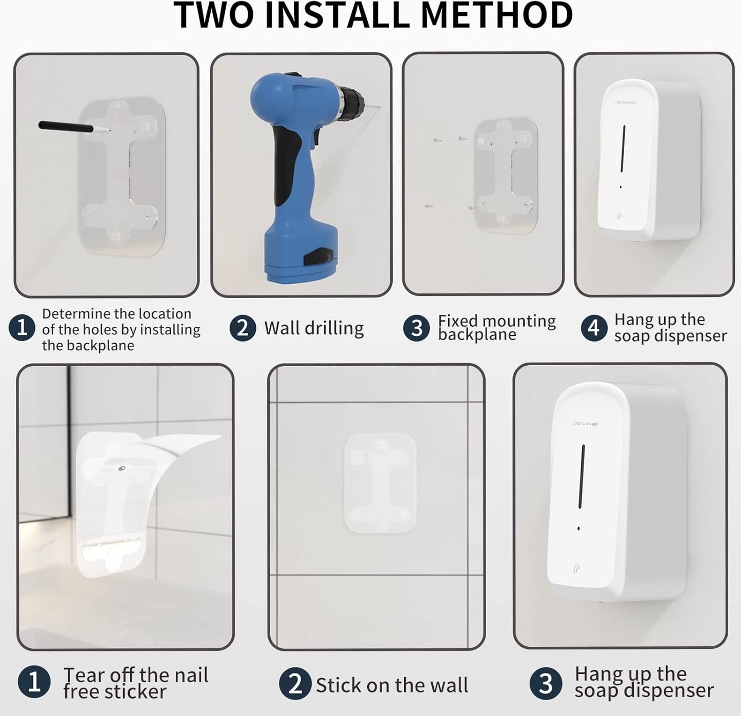 JETWELL Automatic Touch-Less Wall Mount Hand Soap Dispenser Liquid Drop Battery Operated, White