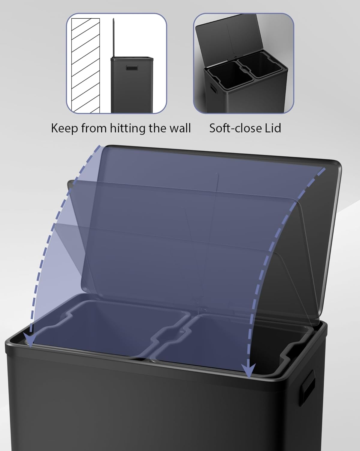 Garvee Dual Trash Can for Recycling and Trash, 2 x 30 L (60 L) Stainless Steel Kitchen Trash Can
