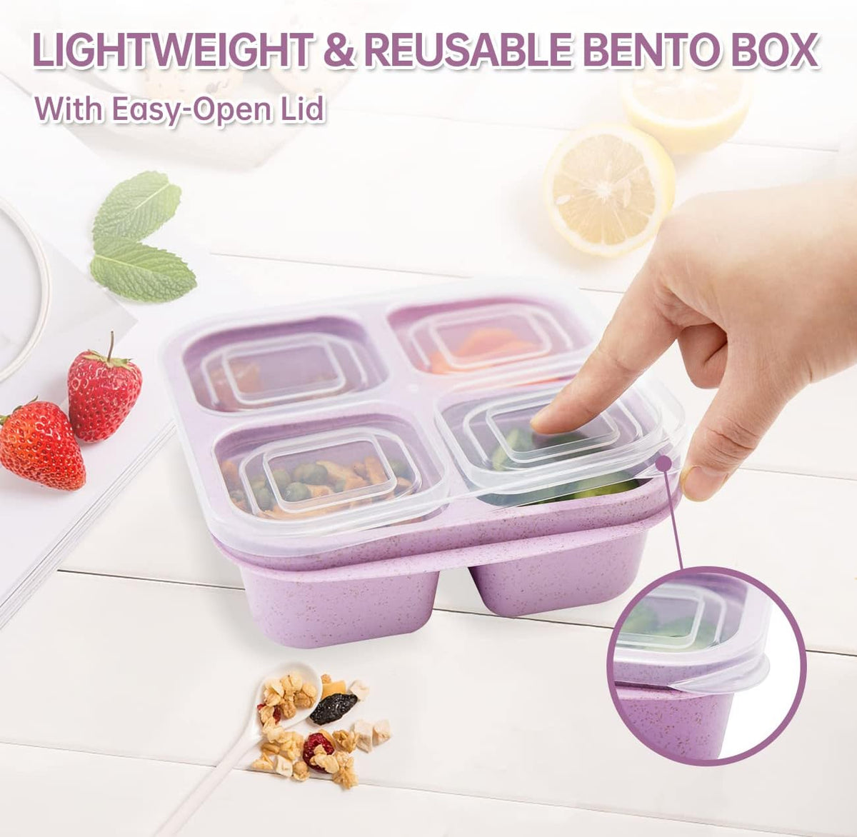 5 Pack Bento Lunch Box,4 Compartment Snack Containers,Divided Snack Box,Meal Prep Lunch Containers