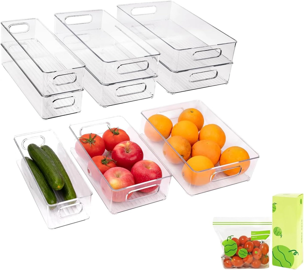 6 Pack Refrigerator Organizer Bins,3 Sizes Clear Pantry Storage with Handles and 30 PCS Plastic