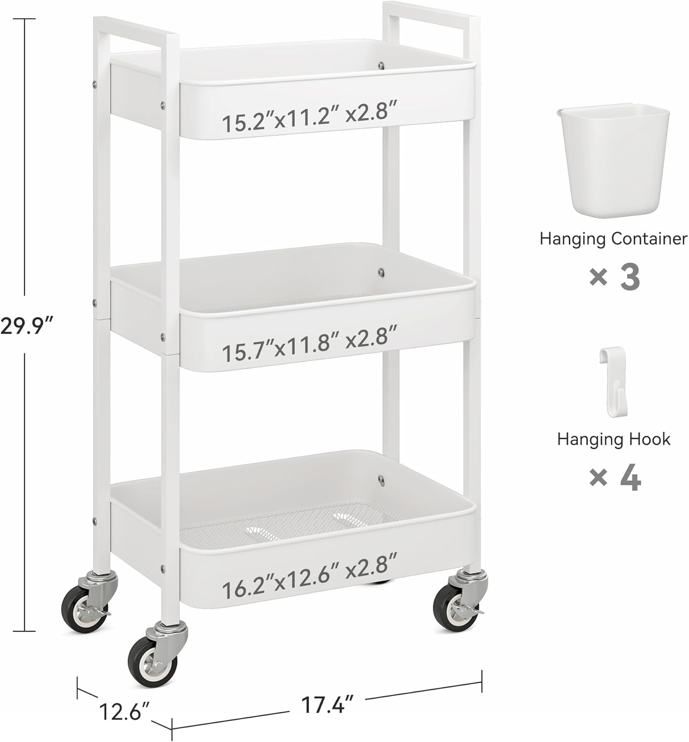 3 Tier Rolling Cart,Utility Cart with Locking Wheels, Hanging Cups,&Hooks, Heavy Duty Metal Storage