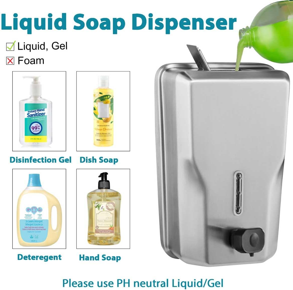 Commercial Stainless Steel Soap Dispenser – 47.3oz Large Capacity Wall Mount, Anti-Leak Pump