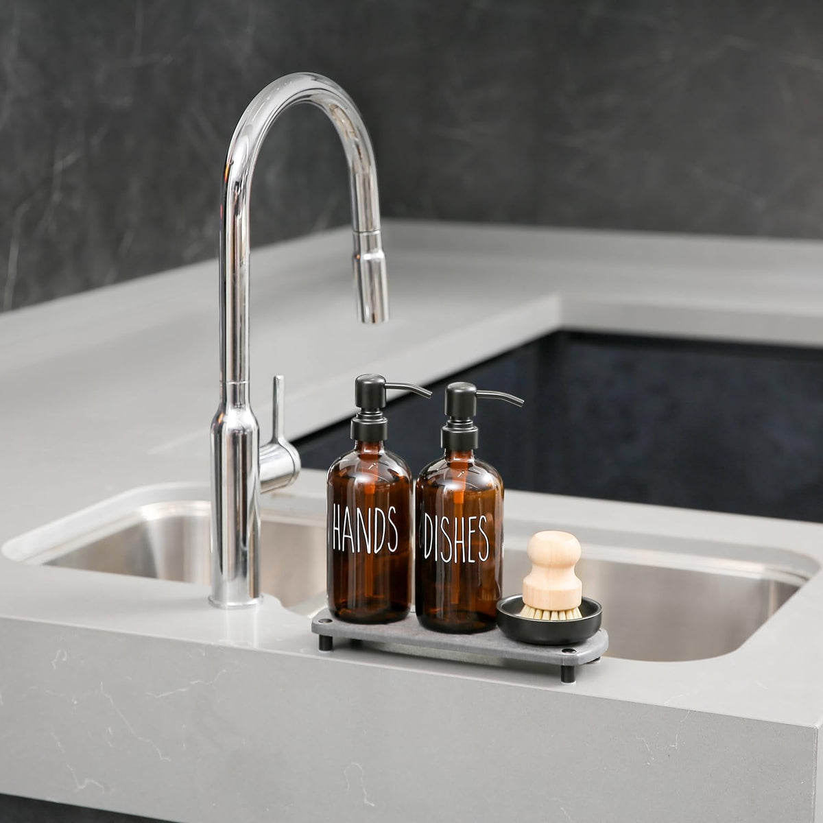 MOMEEMO Amber Glass Soap Dispenser Set Comes with Stainless Steel Pumps, Instant Dry Tray, and Dish
