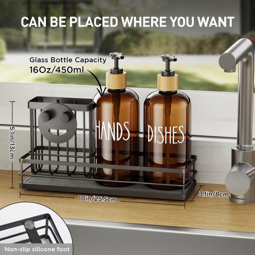 Moforoco Kitchen Dish Soap Dispenser Set, 16OZ Glass Bottle, Hand and Dish Soap Dispenser Set
