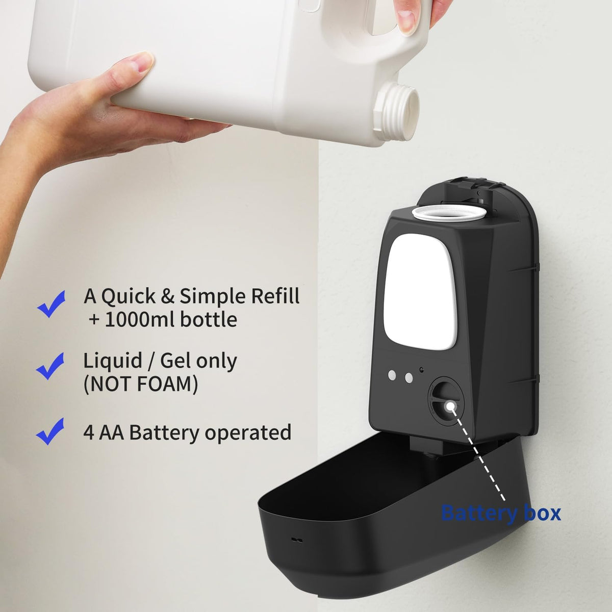JETWELL Automatic Touch-Less Wall Mount Hand Soap Dispenser Liquid Drop Battery Operated, Black