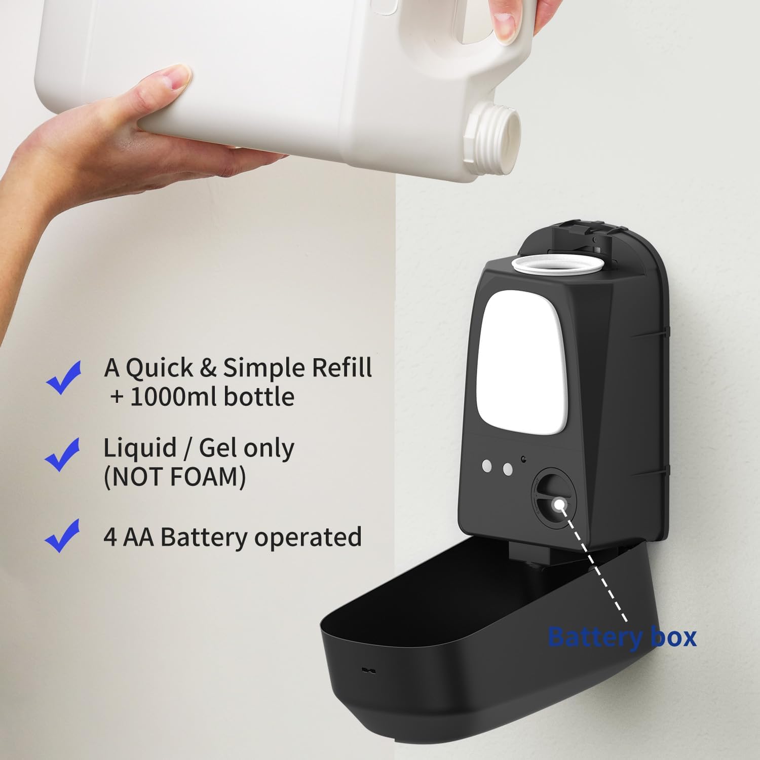 JETWELL Automatic Touch-Less Wall Mount Hand Soap Dispenser Liquid Drop Battery Operated, Black