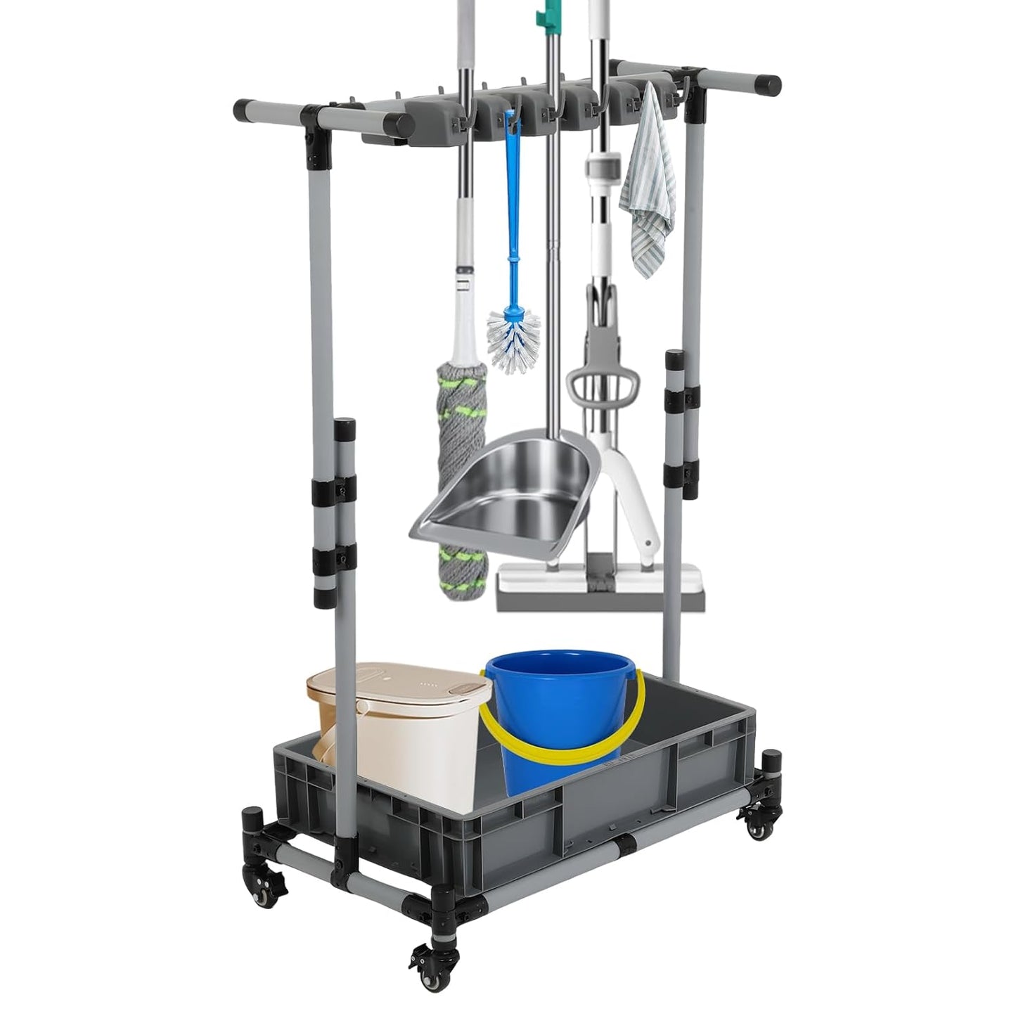 Rolling Cleaning Cart with Mop & Broom Organizer,Movable Floor-Mounted Mop Rack Floor Standing