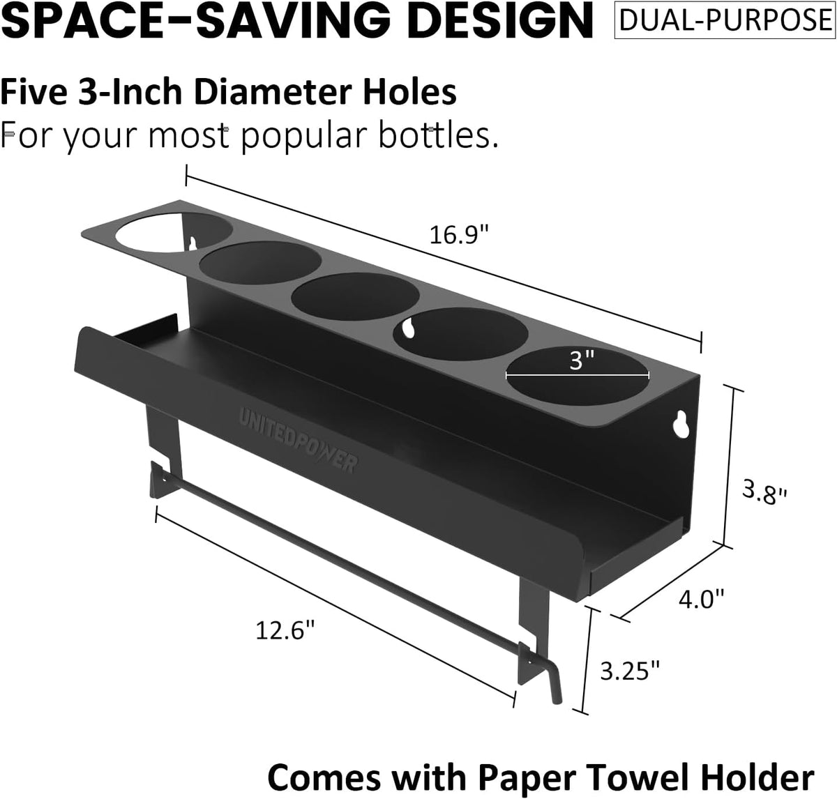 UNITEDPOWER 5 Aerosol Spray Can/Paper Towel Holder, Paint Bottle Storage Rack, Steel Wall Mount
