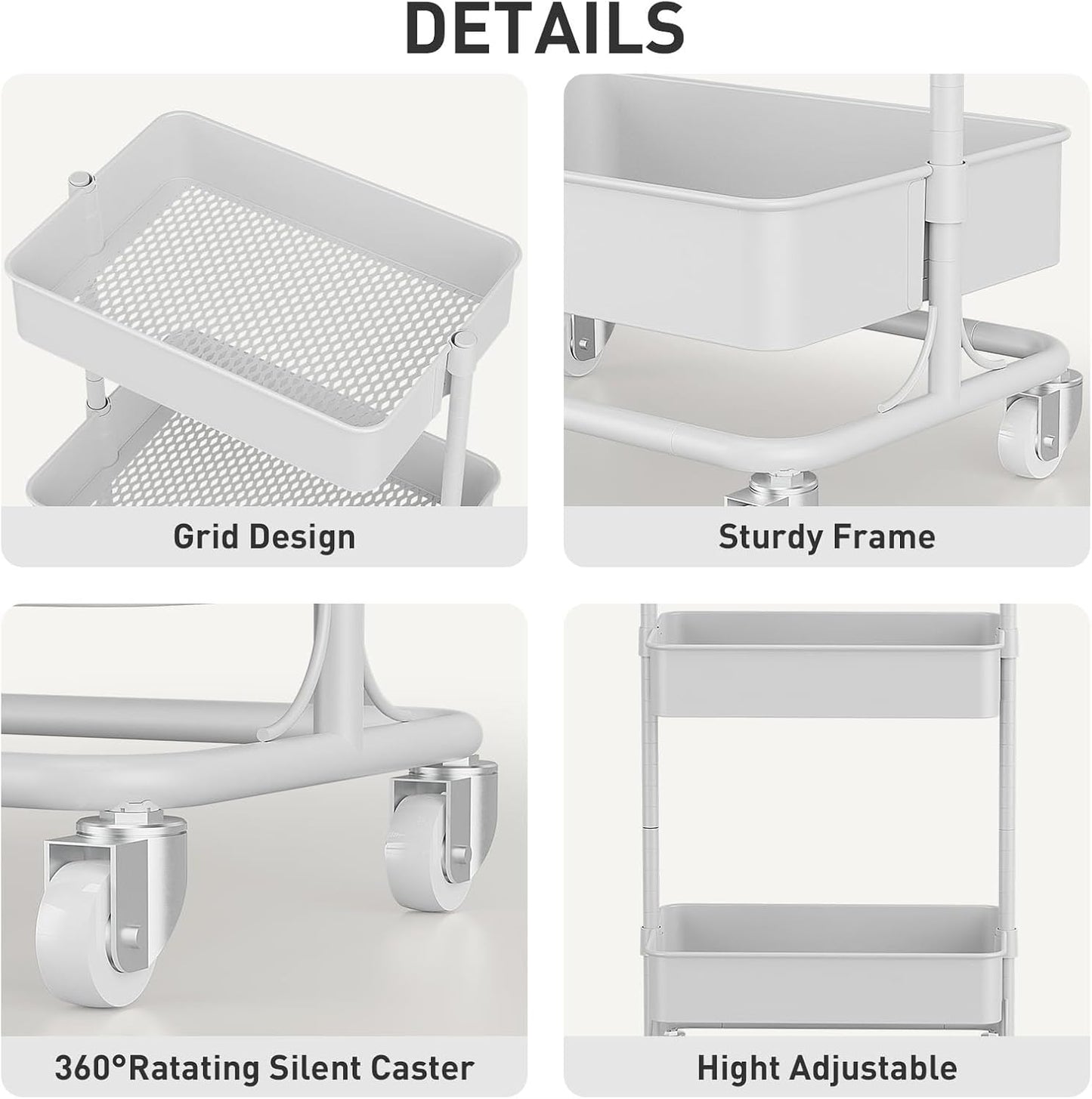 3-Tier Modern Metal Rolling Utility Cart with Silent Casters, 15.35x11.81x23.74 inch Heavy Duty