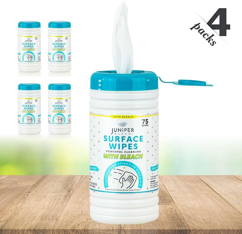 4 Pack Surface Cleaning Wipes with Bleach, All-Purpose Cleaner for Bathroom, Kitchen, Office, 300
