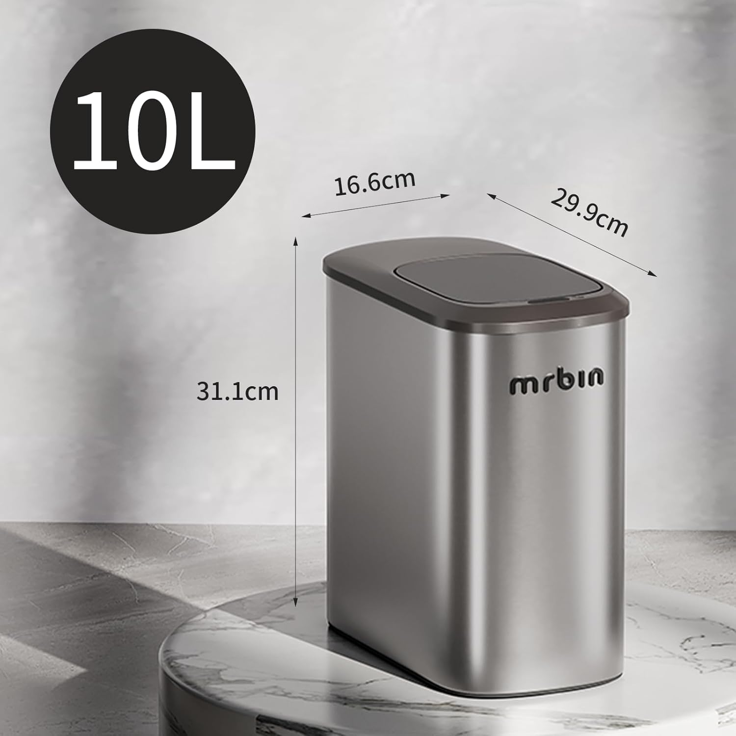 MRBIN Stainless Steel Motion Sensor Bathroom Trash Can, 10L / 2.6gal Slim Smart Toilet Waste Basket