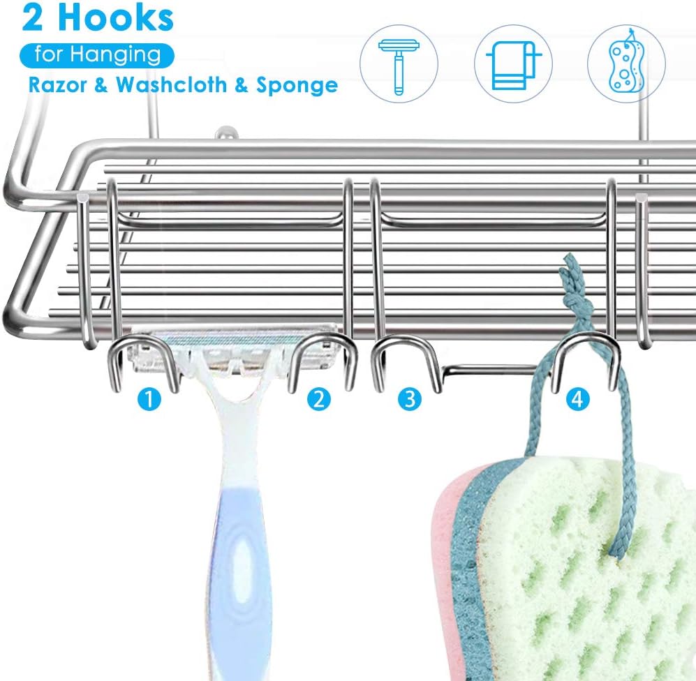 Nieifi Shower Caddy Shelf with Hooks Storage Rack Organizer Adhesive Stainless Steel without