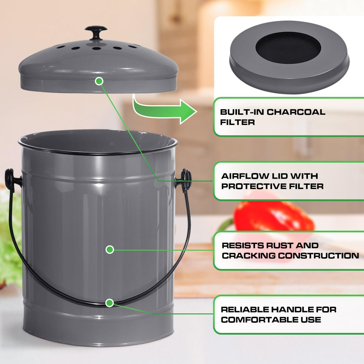 Plexon Countertop Compost Bin Kitchen with Lid, Gray 1.5 Gallon Odorless Container, Steel Food