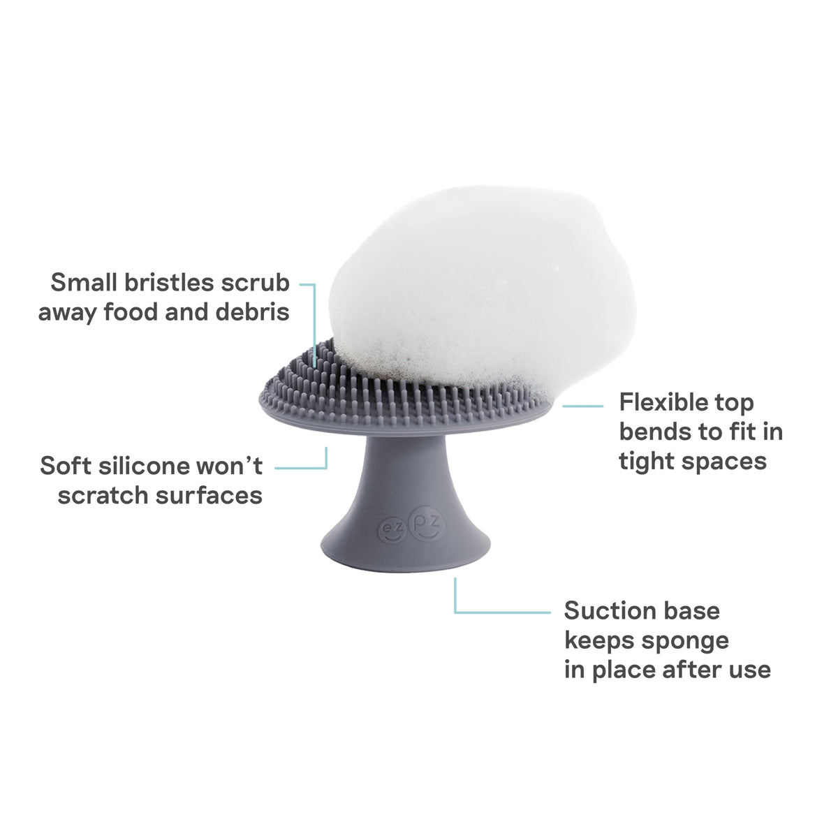 ezpz Mushroom Sponge (Gray) - Odor-Resistant Kitchen Sponge with Soft Bristles, Non-Slip Handle