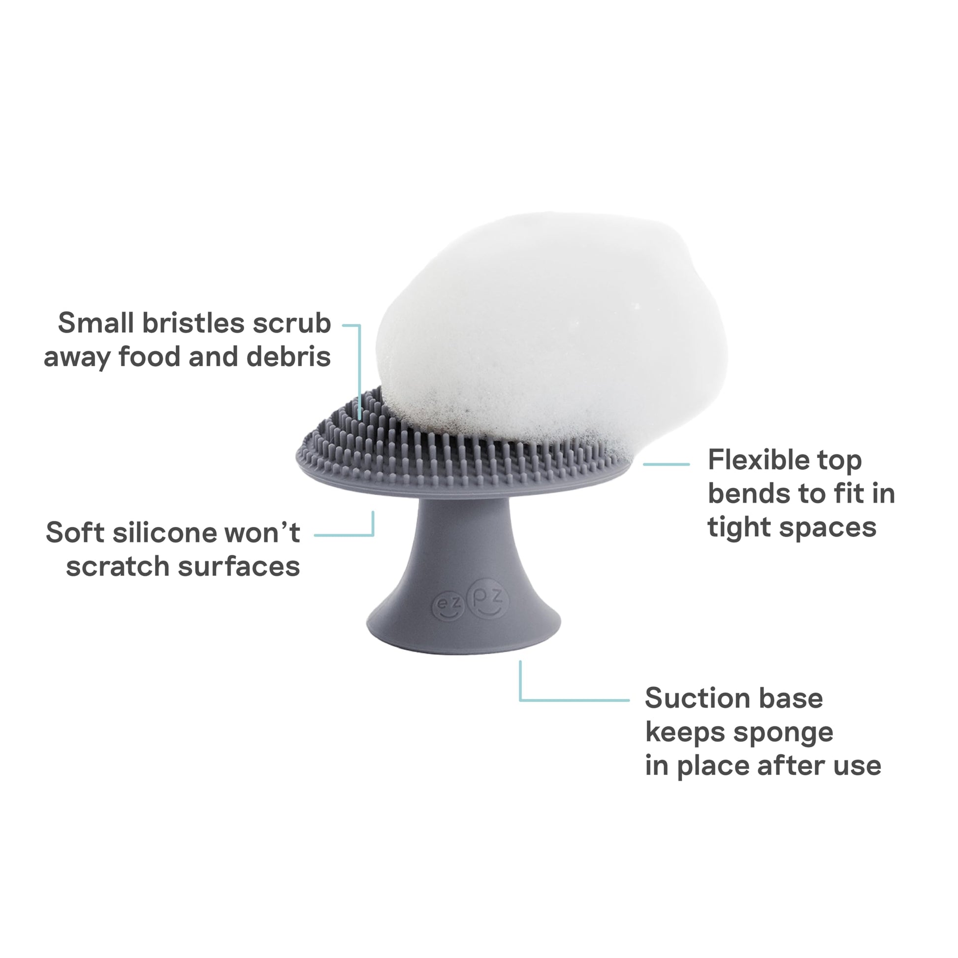 ezpz Mushroom Sponge (Gray) - Odor-Resistant Kitchen Sponge with Soft Bristles, Non-Slip Handle