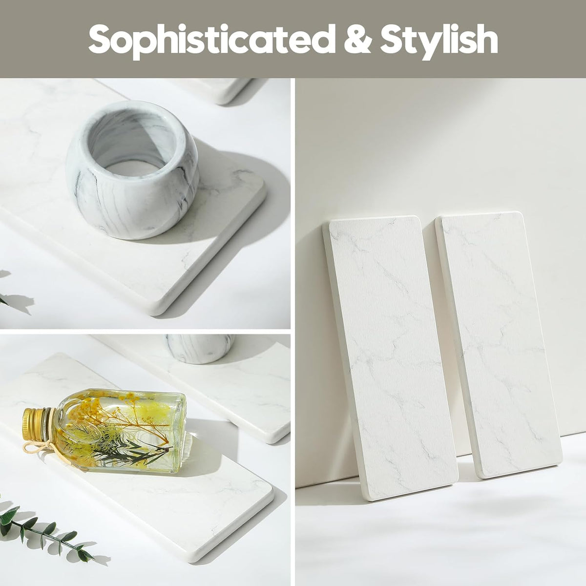 2PCS Diatomite Marble Tray Quick Drying Mat for Kitchen Counter, Water Absorbing Stone Vanity Caddy