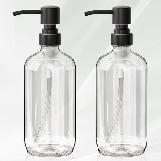 AmazerBath Glass Soap Dispenser, 2-Pack Clear Glass Soap Dispenser with Pump Bronze Rustproof, 17