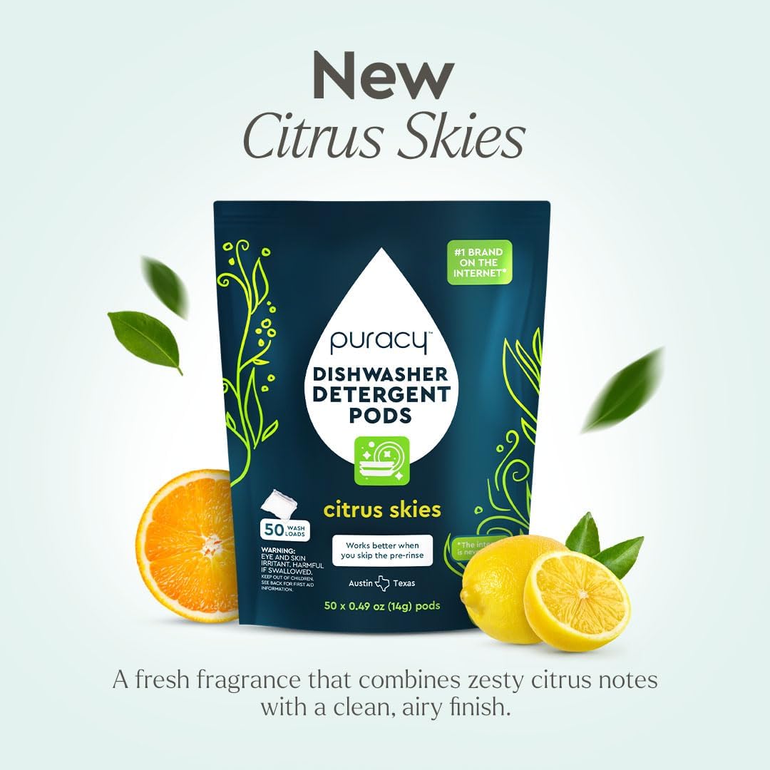 Puracy Dishwasher Pods, Natural Dishwasher Detergent, Citrus Skies Dish tabs - Enzyme-Powered, Spot