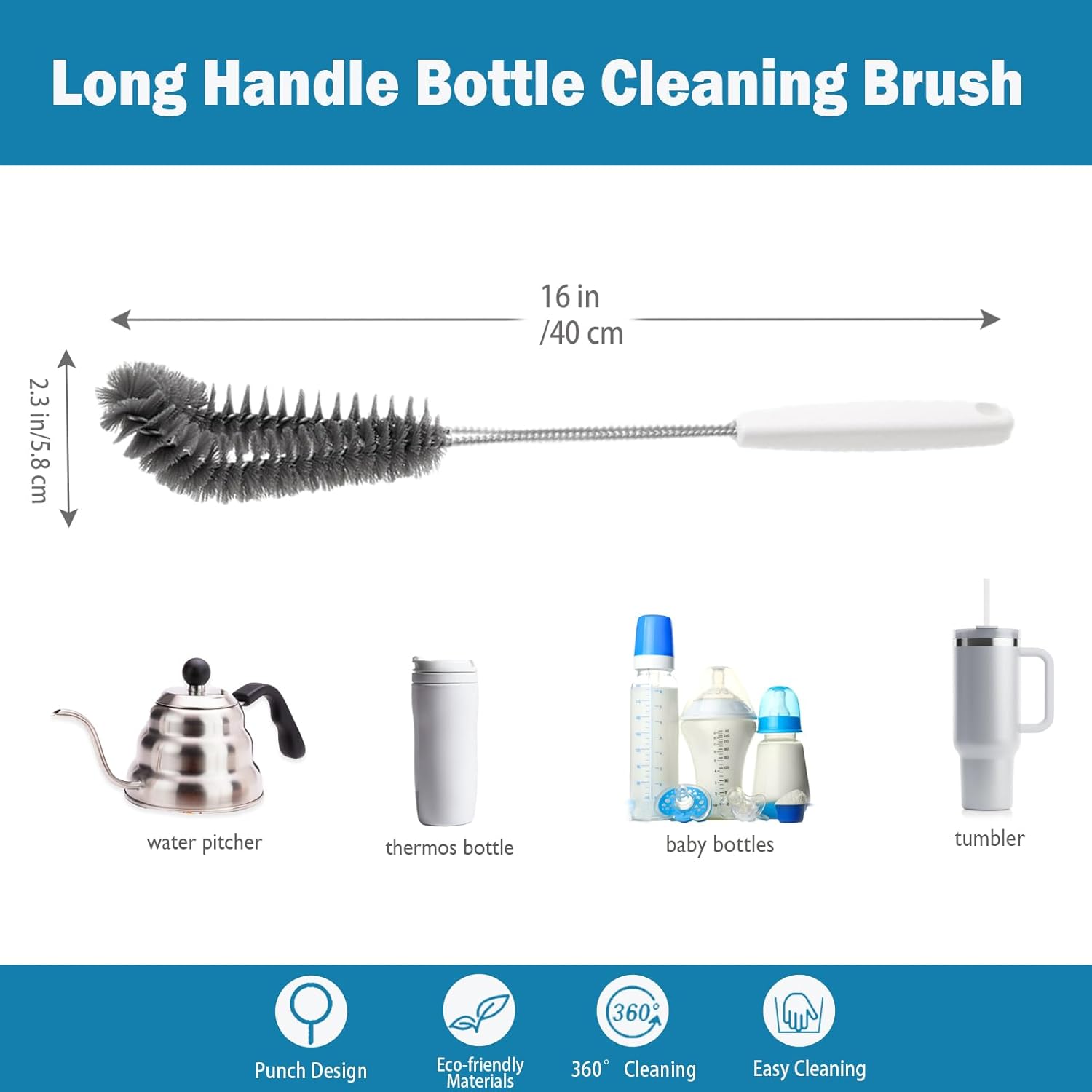 16 inches Long Handle Black Bottle Cleaning Brushes - Perfect for Baby Bottles, Sports Bottles