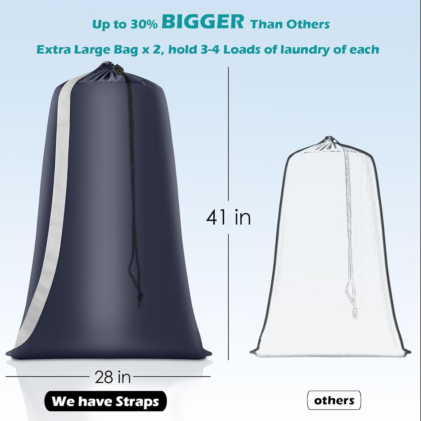 Heavy Duty Laundry Bag 2 Pack XL Nylon Laundry Bags with Straps, Washable Large Dirty Clothes