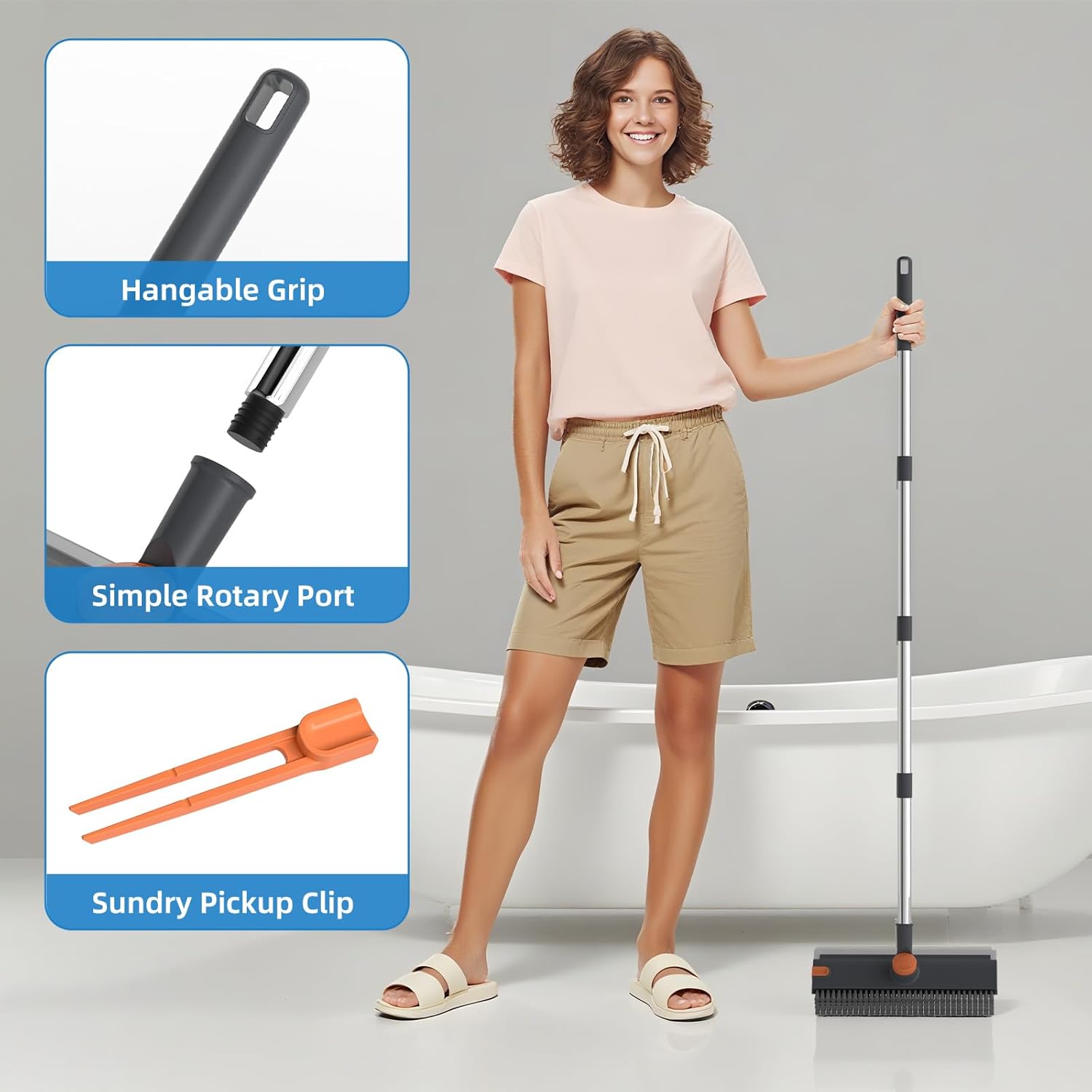 Scrub Brush with Long Handle, Floor Scrub Brush Squeegee Broom for Cleaning, 3 in 1 Shower Scrubber