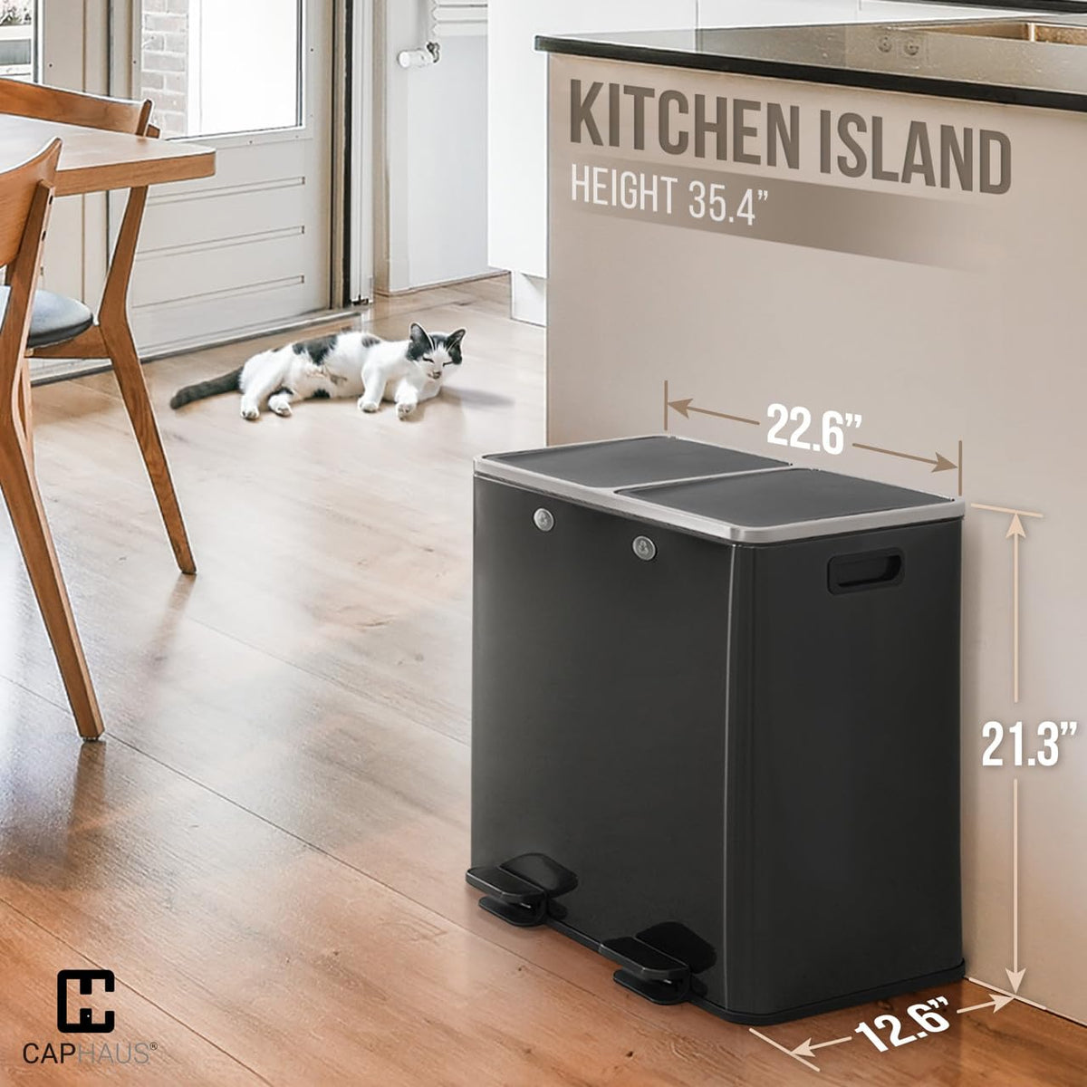 CAPHAUS Black Dual Trash Can w/Double Lid, Trash & Recycle Bins Combo, Hands-Free Stainless-Steel