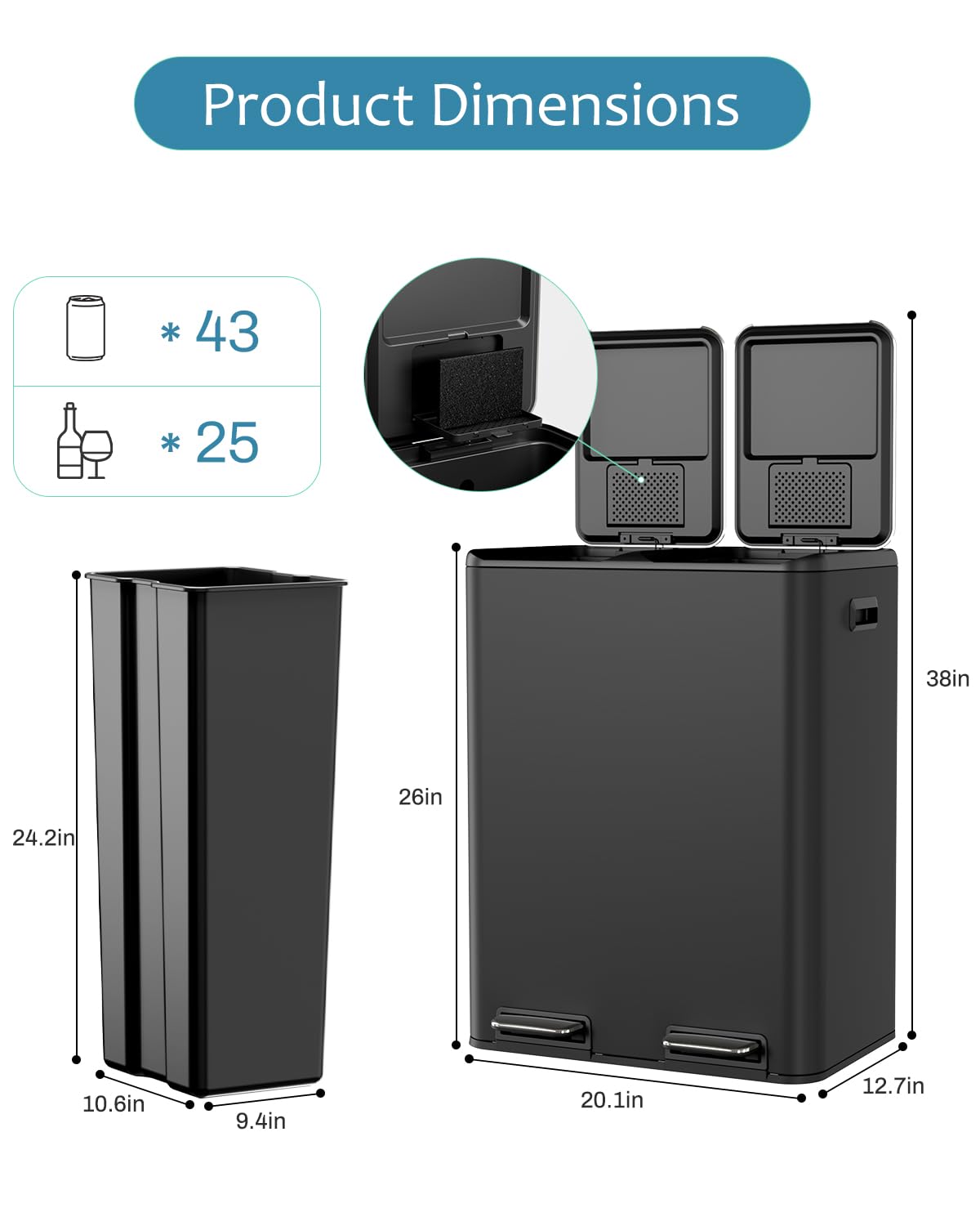 16 Gal (2 x 30 L) Dual Trash Can, Stainless Steel Kitchen Garbage Bin, Recycle Dustbin with Odor