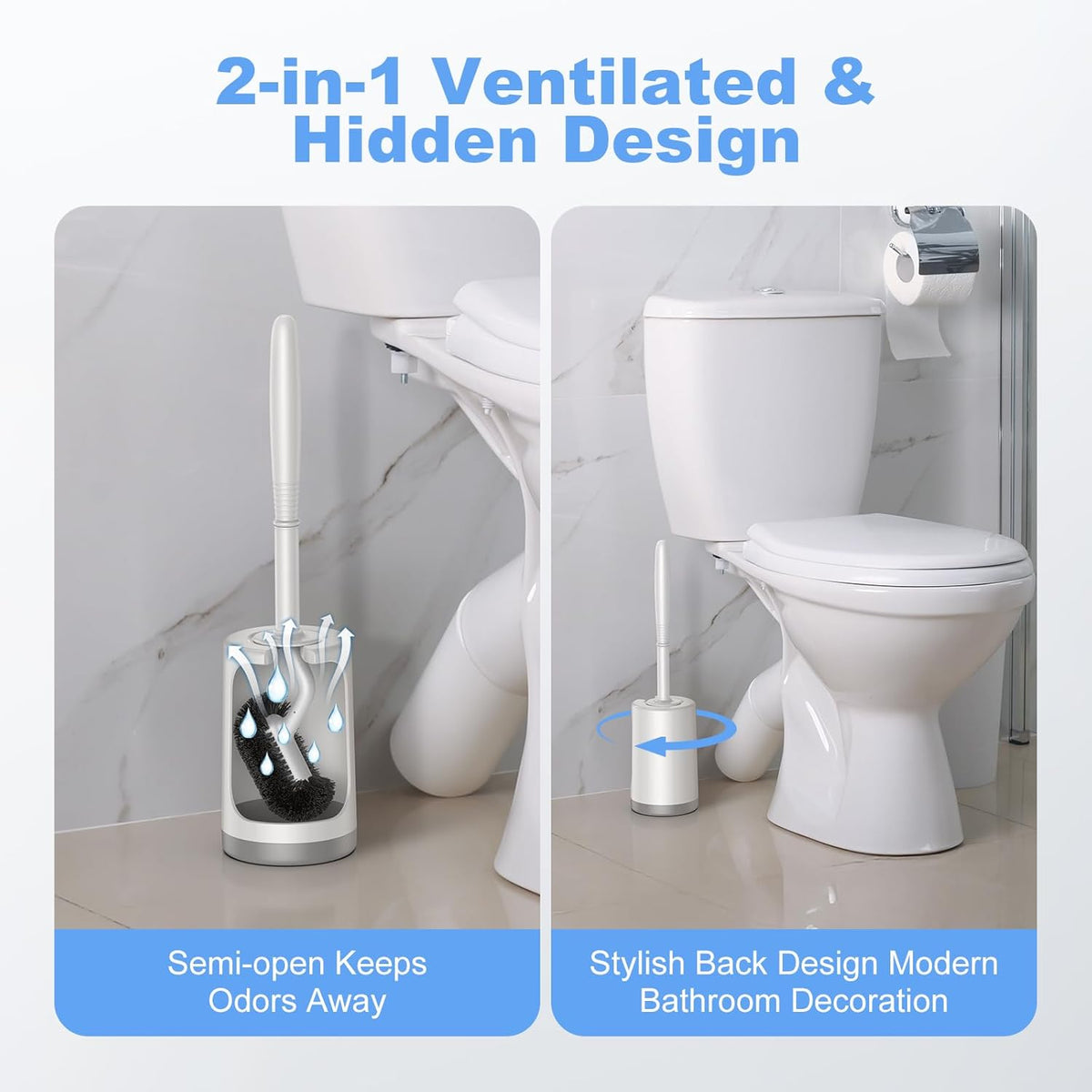 HAMITOR Toilet Bowl Brush Holder Set: Curved Design with Holder for Deep Cleaning Under Rim