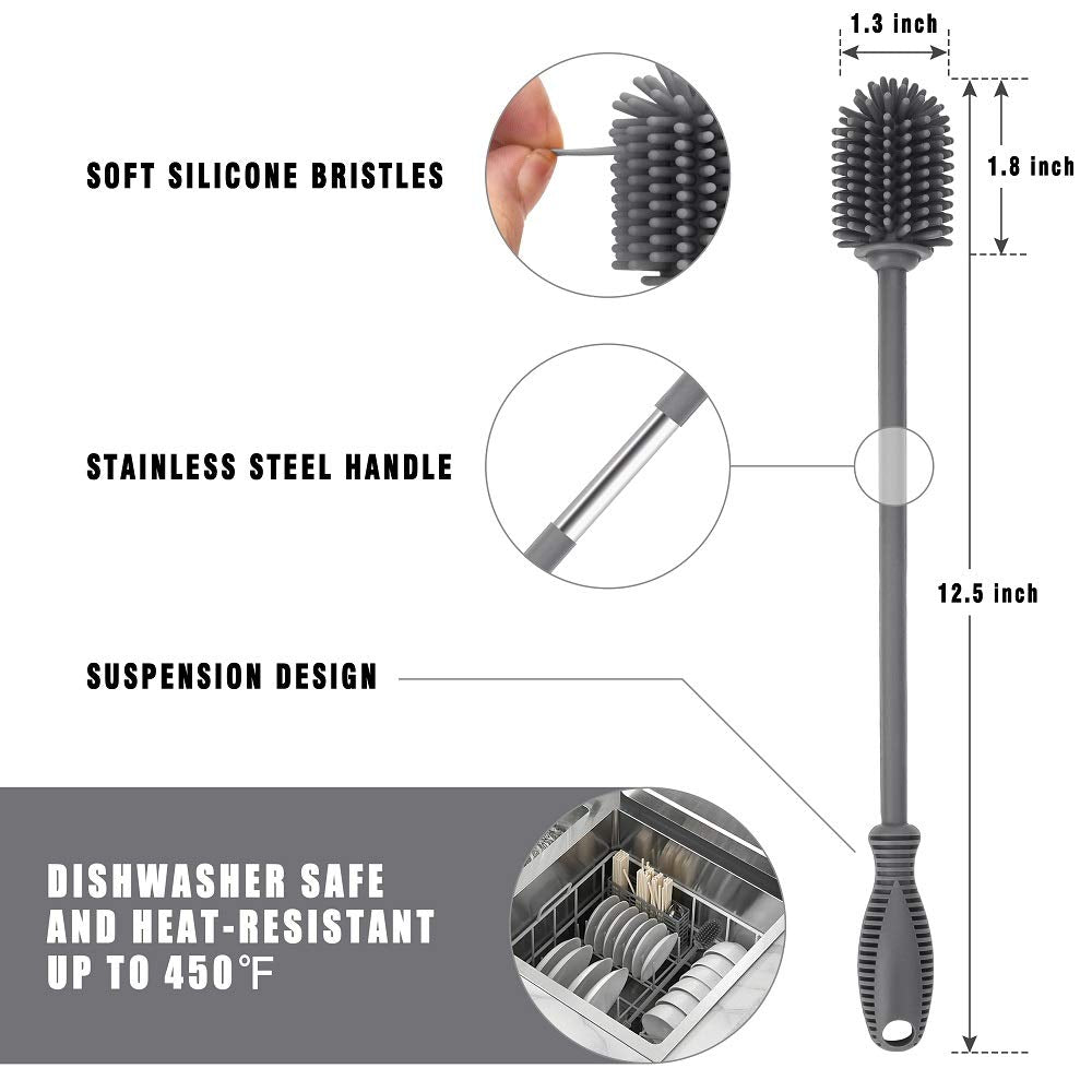 Silicone Bottle Brush with Long Handle, 12.5" Bottle Cleaning Brush, Gray