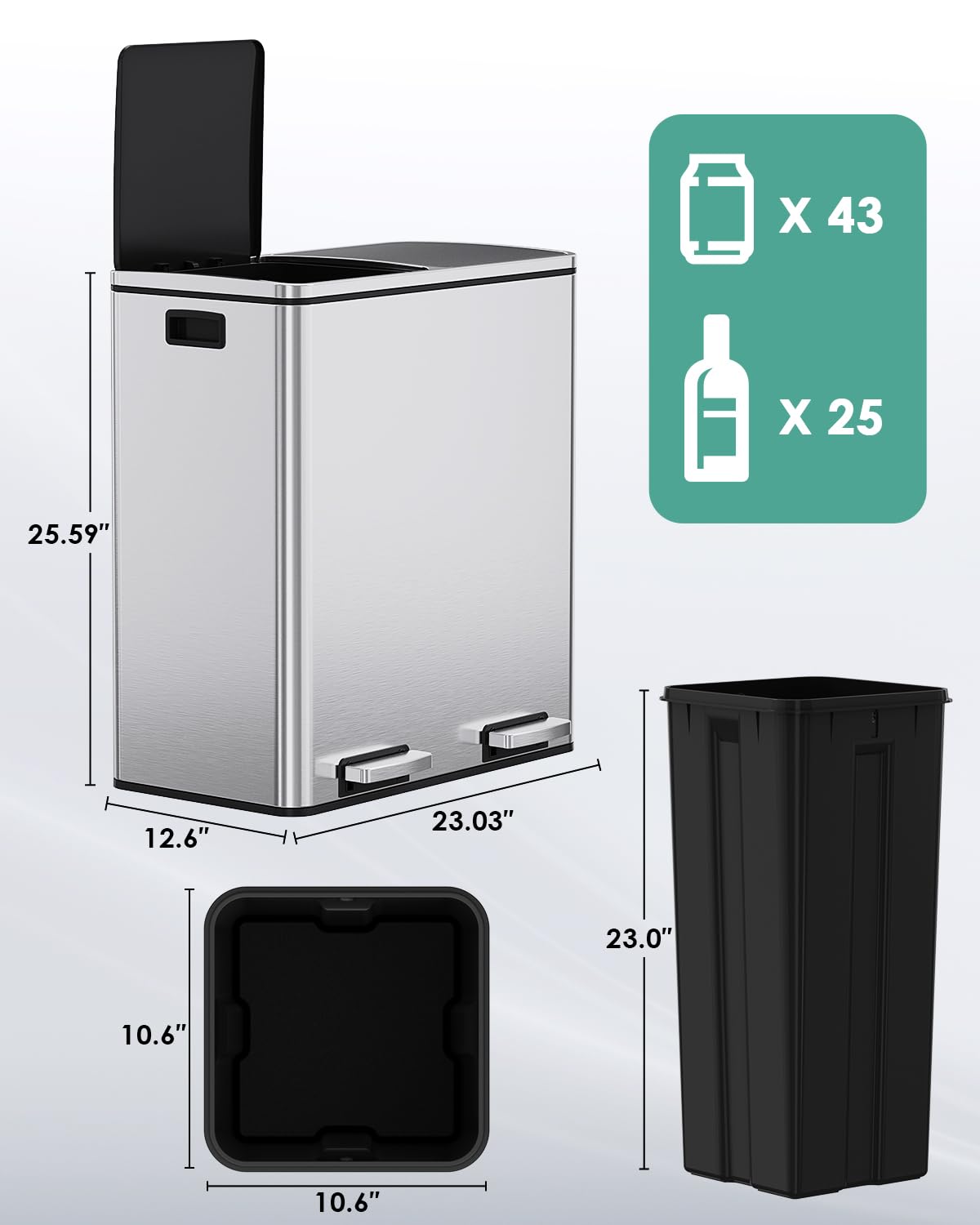 AthLike 60L(16 Gal) Dual Trash Can, Stainless Steel Kitchen Garbage Can, Double Compartment