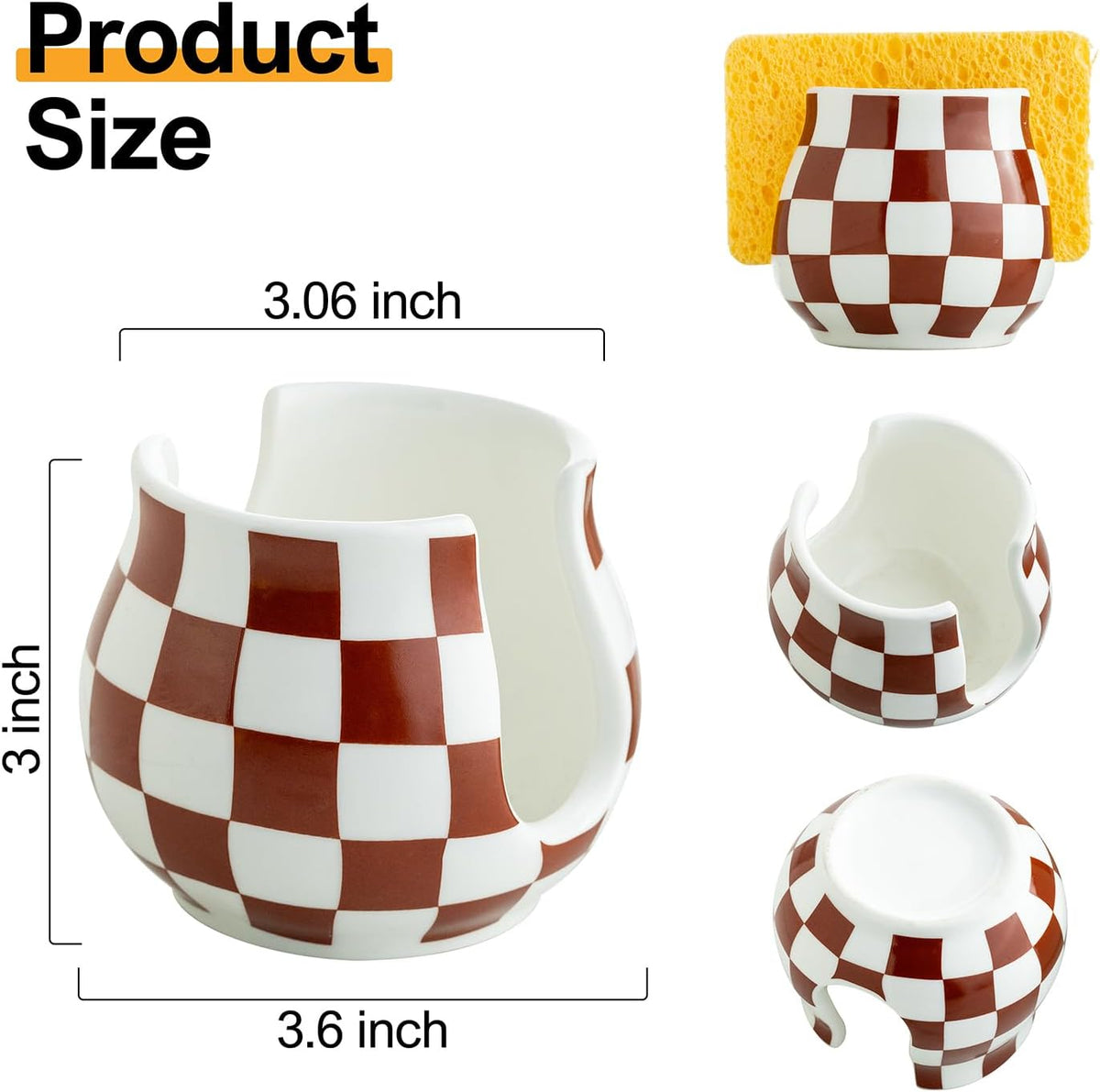 Checkered Sponge Holder for Kitchen Sink Counter, Ceramic Dish Sponge Caddy White Sink Organizer