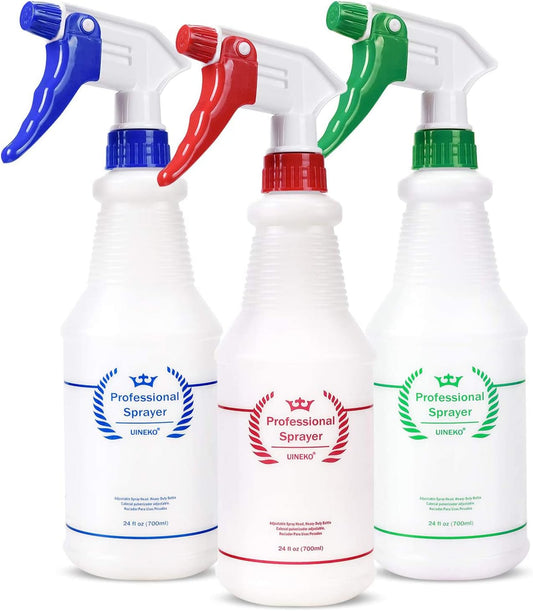 Plastic Spray Bottle (3 Pack, 24 Oz, 3 Colors) Heavy Duty All-Purpose Empty Spraying Leak Proof
