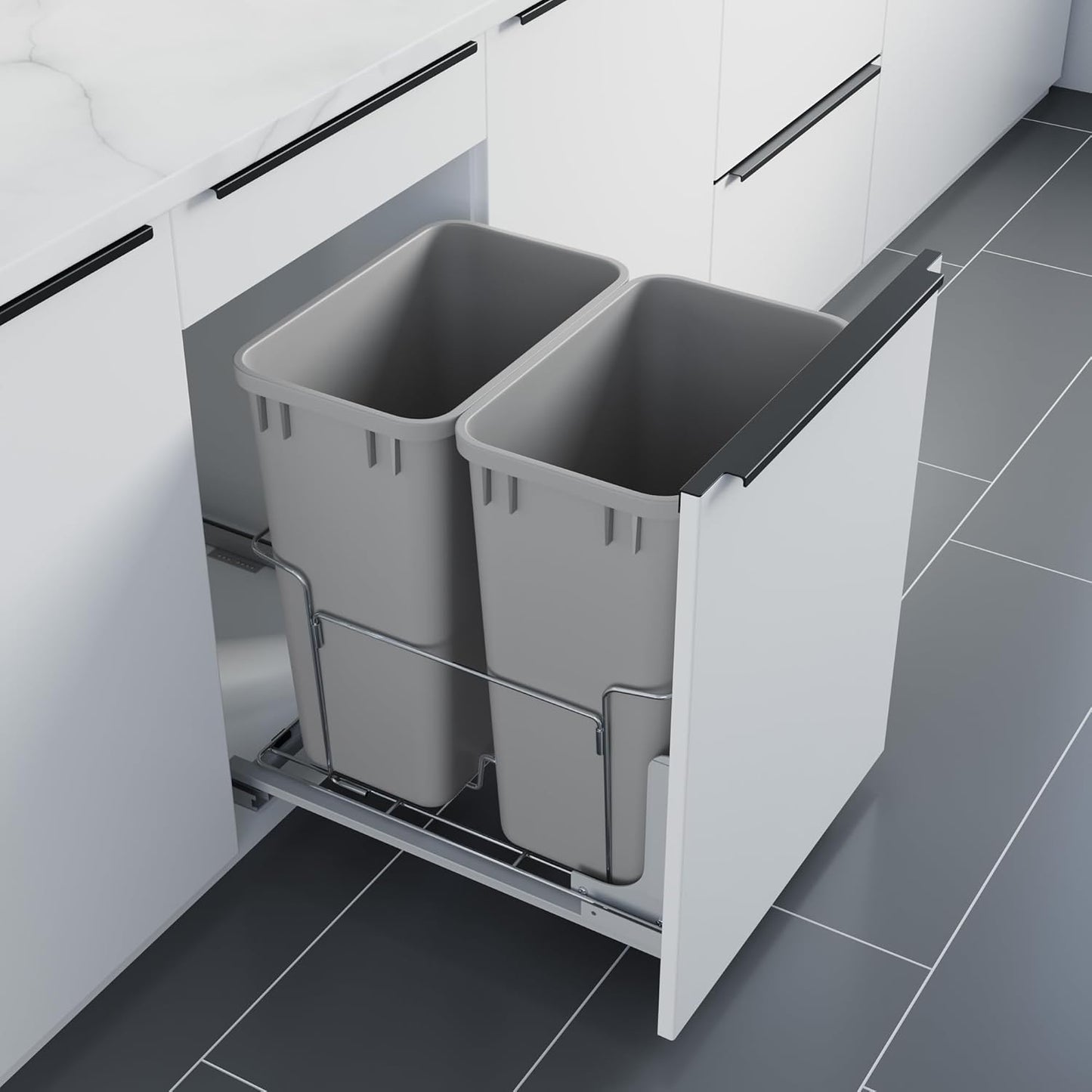 Dowell B18 Aluminum Base Wastebasket Pullout with Door Mount and Two 35Qt/9Gal Plastic Bins (4012