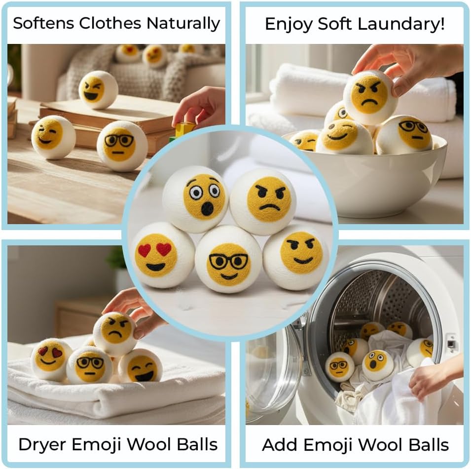 Ezhippie Quality Wool Dryer Balls - 6 XL Emoji Pack - 1000+ Loads - Pure Organic Wool - Reusable