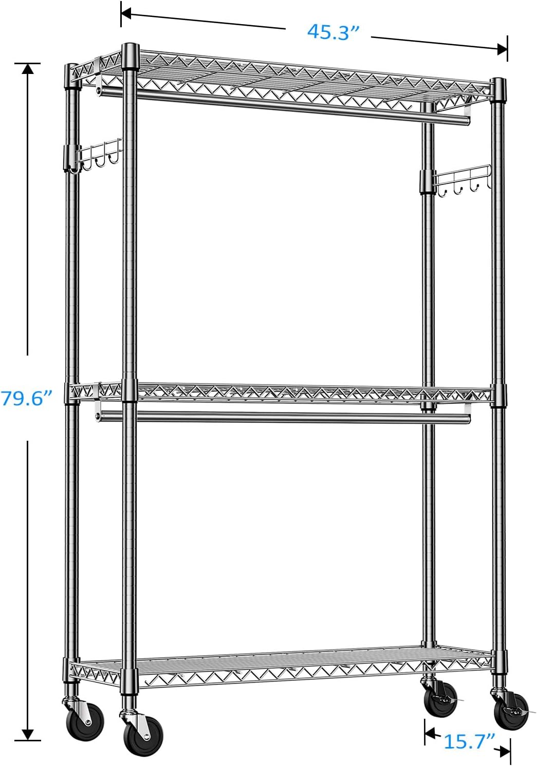 IZEUK 3-Tier Heavy Duty Rolling Garment Rack, Chrome Metal Freestanding Closet Wardrobe Rack with