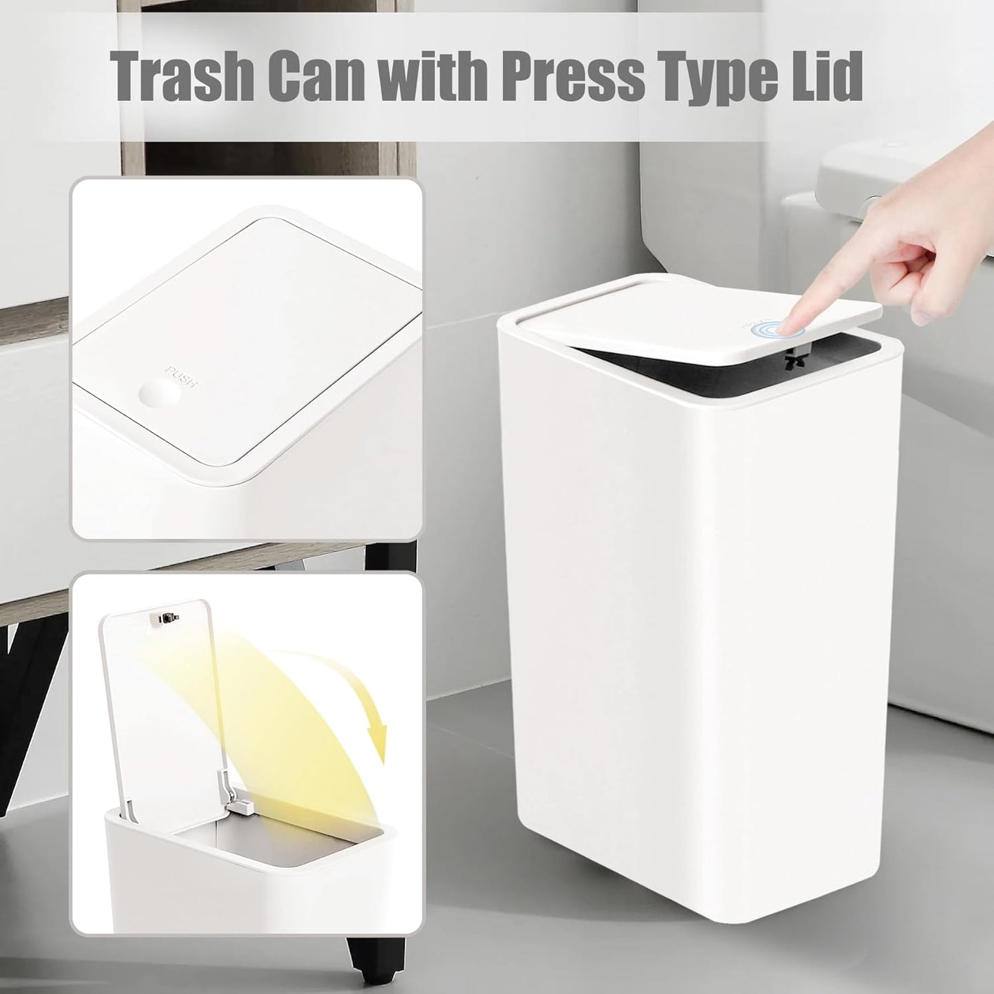 TIPGO Bathroom Trash Can with Lid, 10 Liter/ 2.6 Gallon Slim Garbage Can, Small Trash Bin Waste
