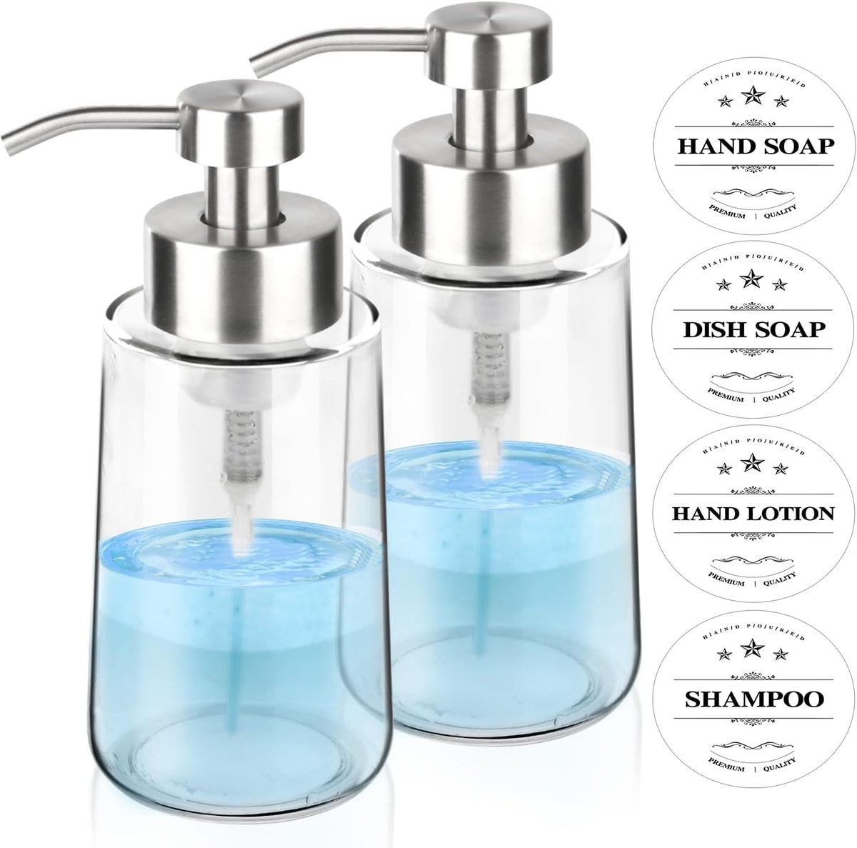 2 Pack Glass Foaming Soap Dispenser With Waterproof Labels, Hand and Dish Set, Rust Proof Stainless
