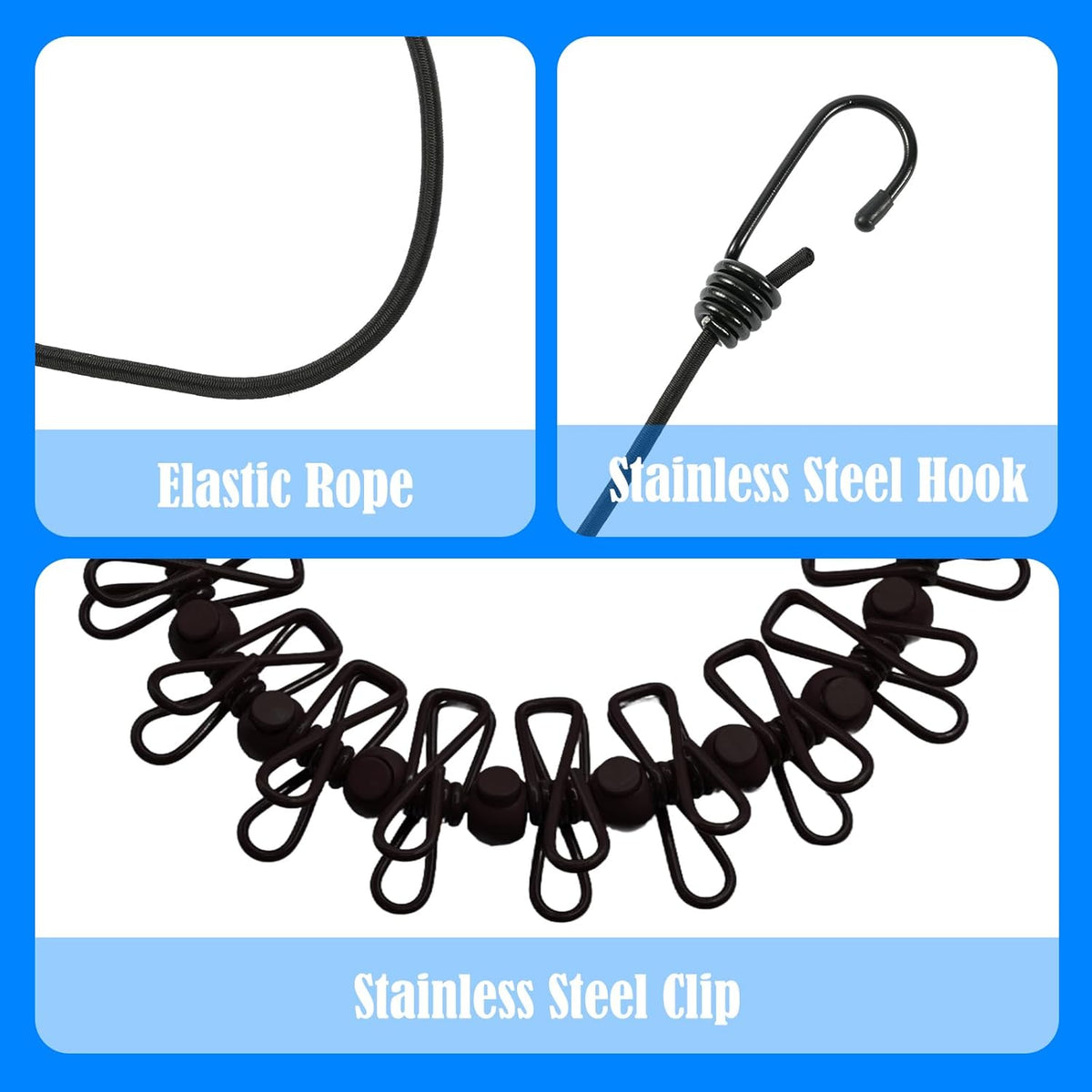 2 Pack Camping Clothesline Portable 12 Clothespins, Black Camping Accessories Travel Clothesline