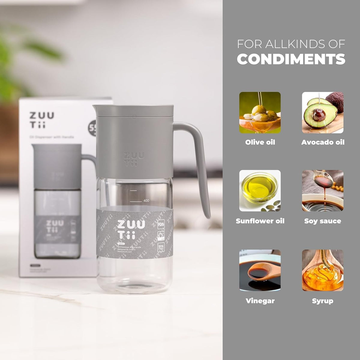 Zuutii Olive Oil Dispenser Bottle 18.6oz – Auto Flip Glass Vinegar Bottle with No-Drip Spout for